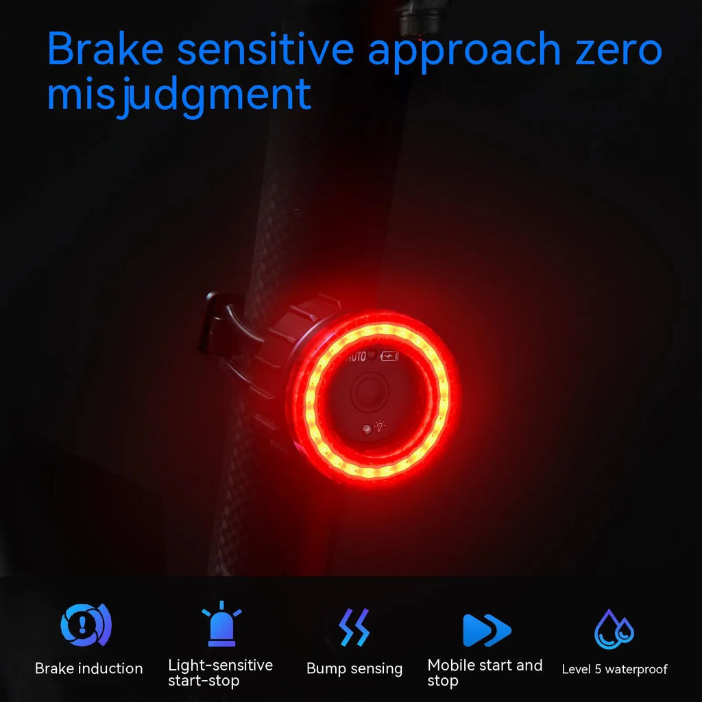 Black intelligent induction brake taillight for bicycles with aluminium alloy construction and two mounting brackets.