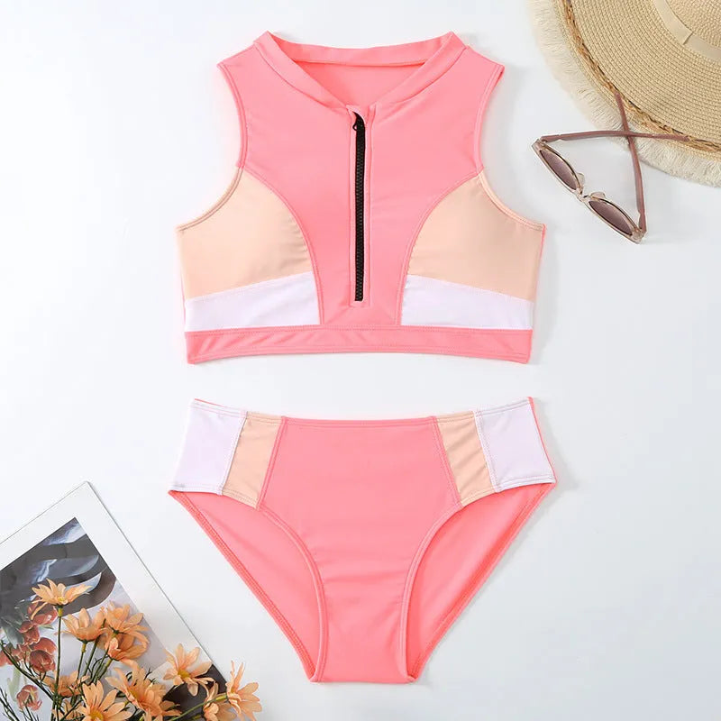 Pink high waist split bikini swimsuit with briefs design and mesh lining