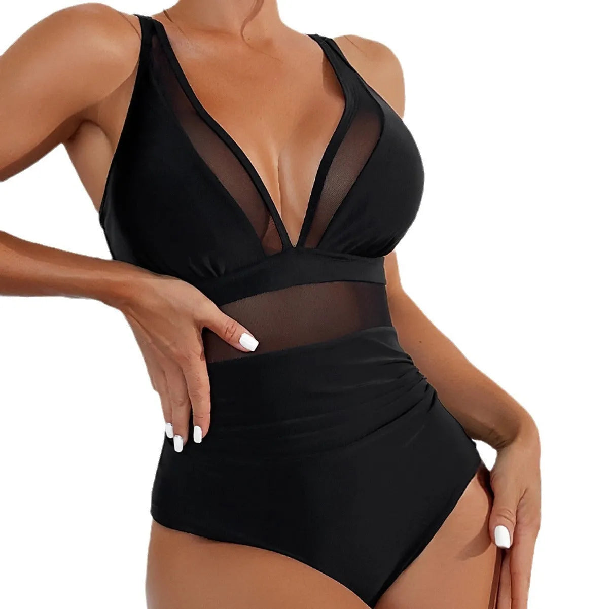 Black women's one-piece swimsuit with halter neck and briefs style.