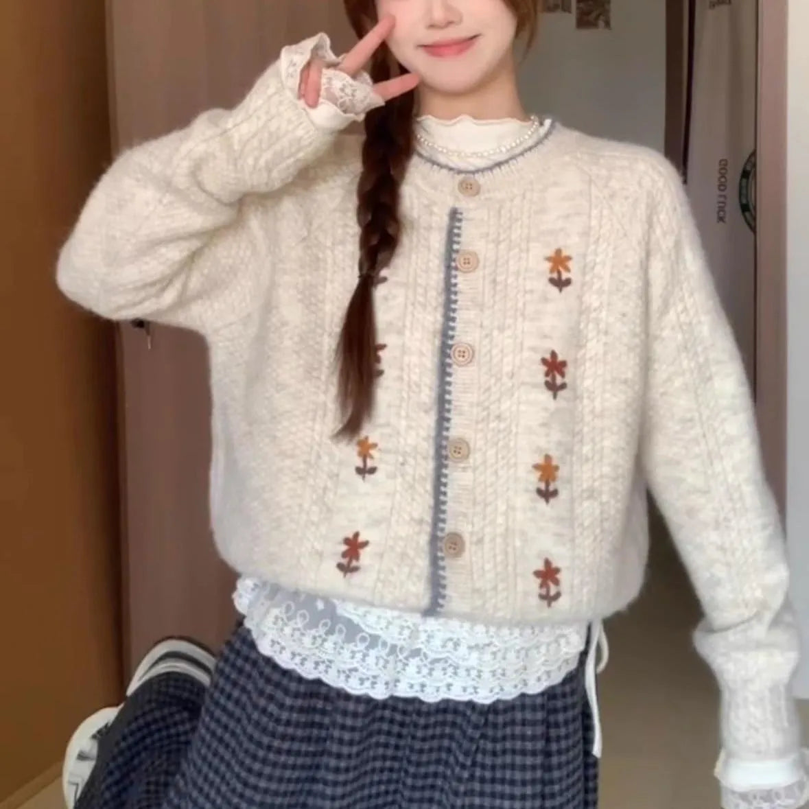 Japanese style oatmeal flower knitted cardigan for women with round neck, long sleeves and button front