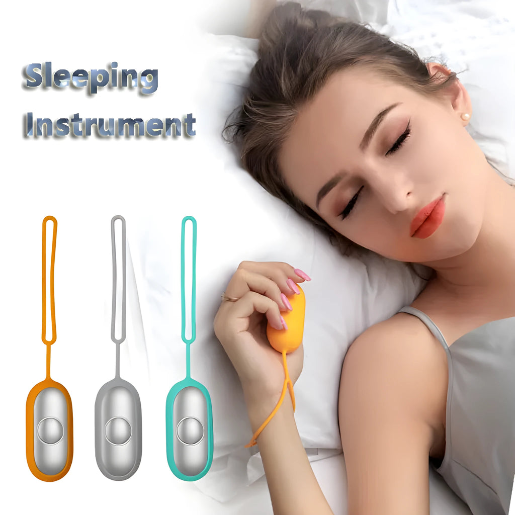 Handheld microcurrent sleep aid device with round button, USB charging port, and stainless steel electrodes in grey green orange colours
