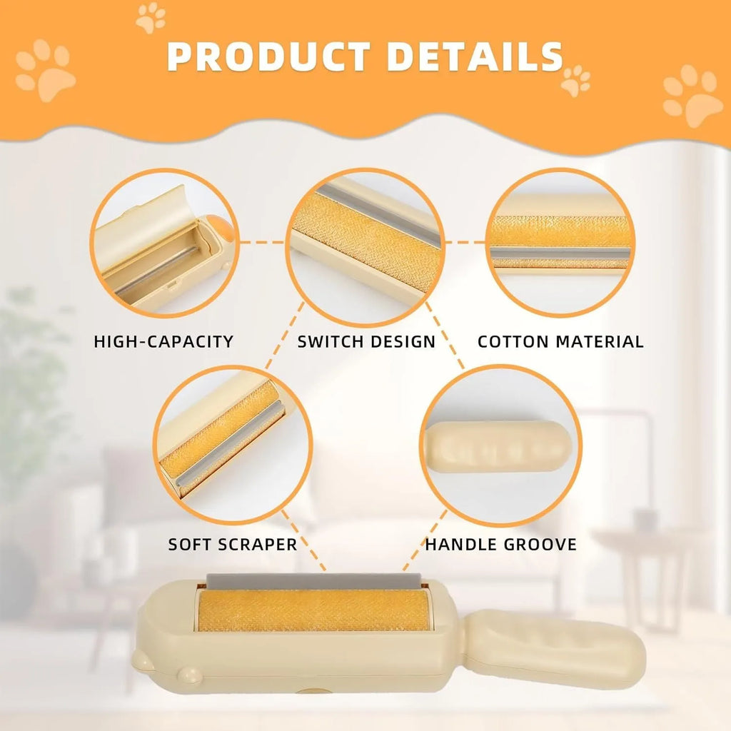 Blue reusable pet hair remover with self-cleaning base on a carpet.
