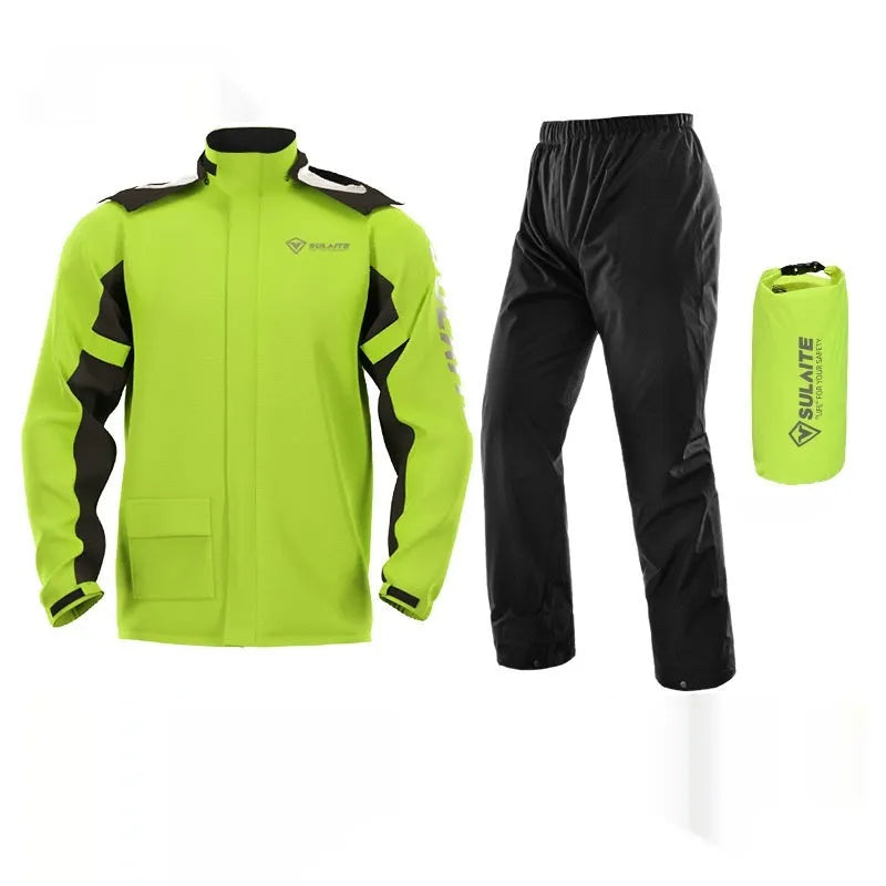 Adult motorcycle raincoat and rain pants set in black, with hidden shoe covers and storage bag.