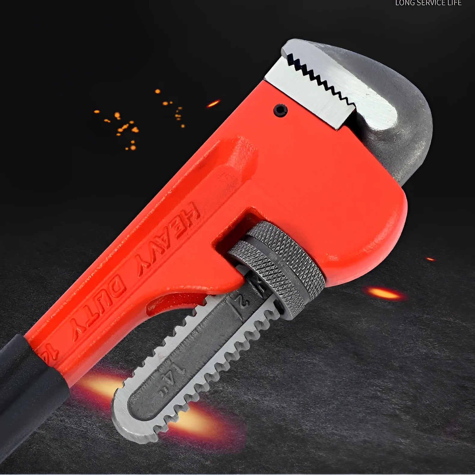 Heavy pipe tongs 45# steel water pipe pliers with black handle and silver jaw on white background