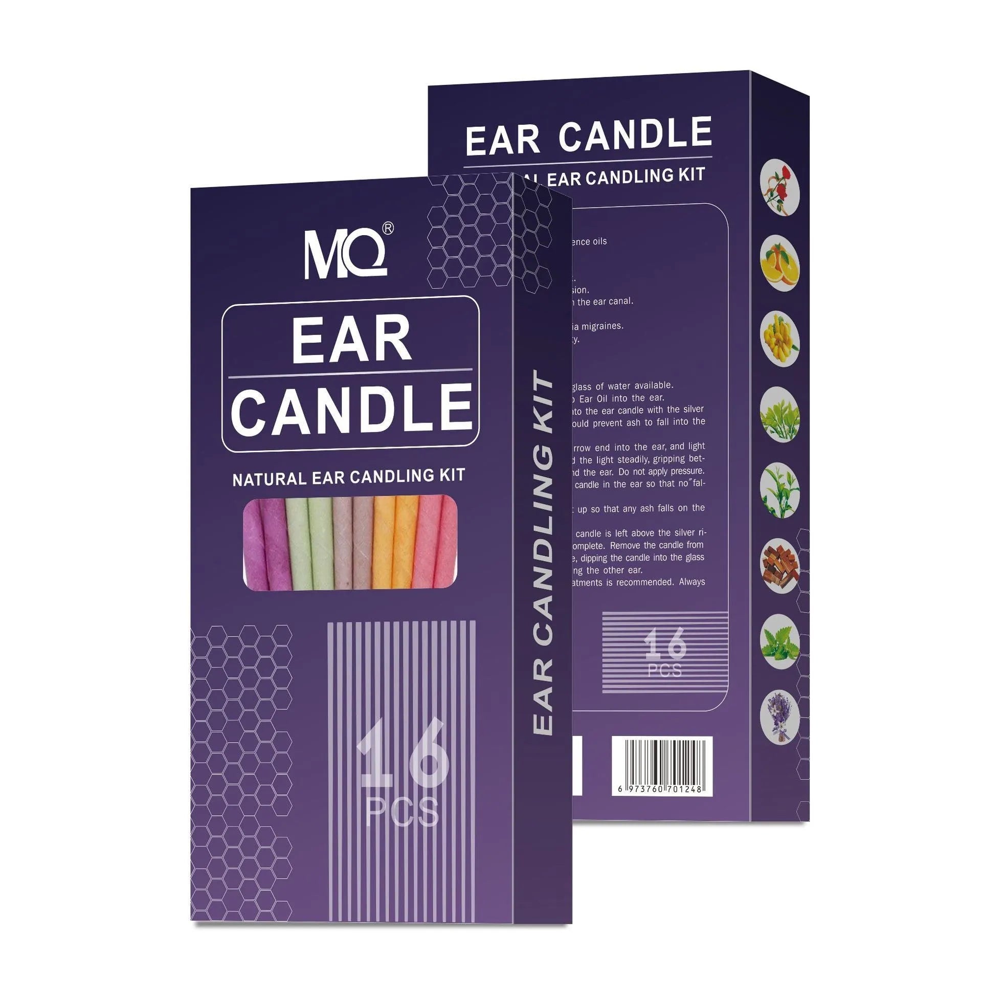 MQ Horn Colour ear candling kit showing 16 cotton cloth candles, protective boards, and cotton swabs
