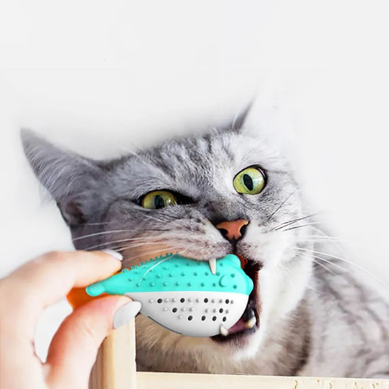 Mint Toys blue silicone fish-shaped cat chew toy with integrated toothbrush on a white background.