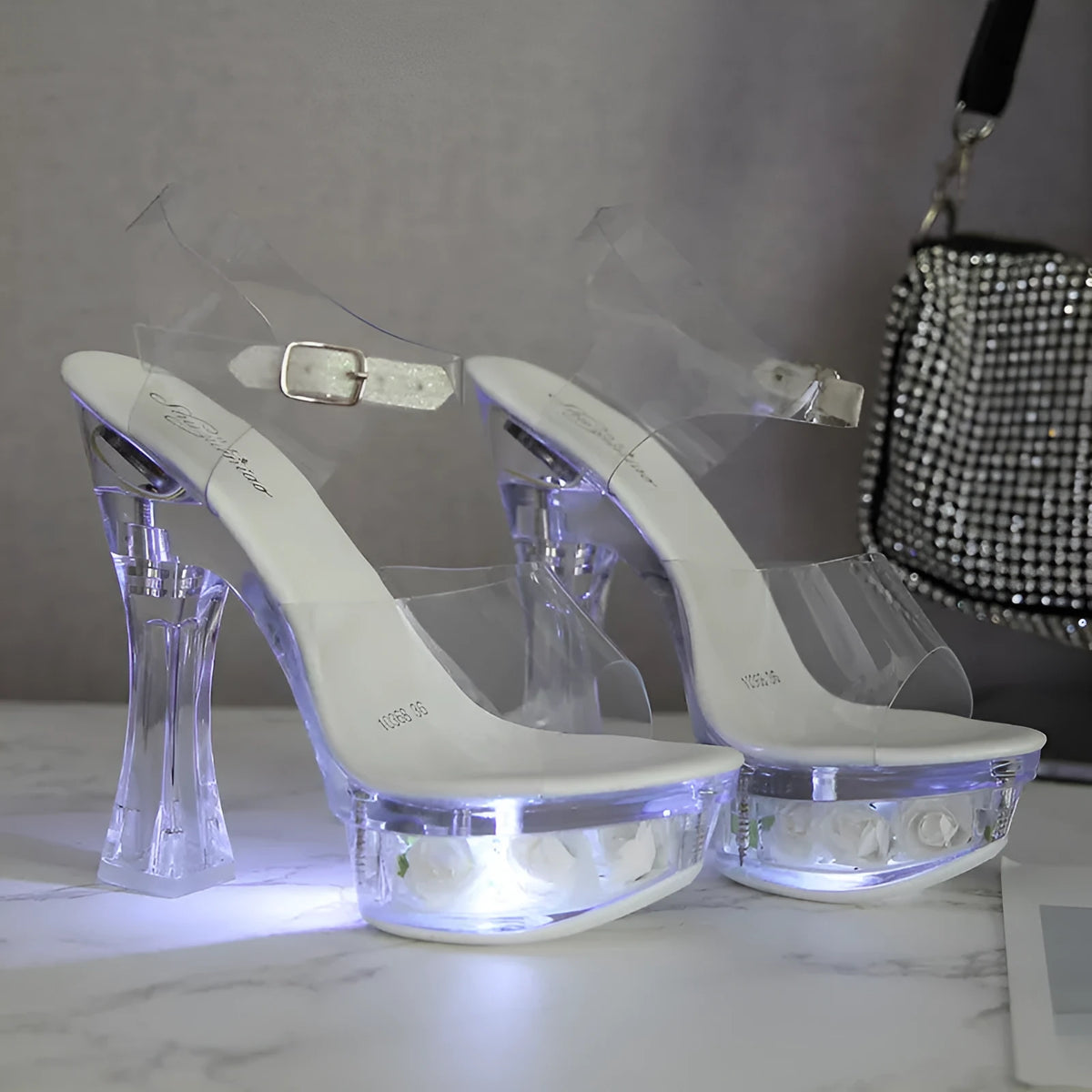 Women's shiny party sandals with transparent flowers, mid heel 3-5cm, artificial PU upper and plastic sole