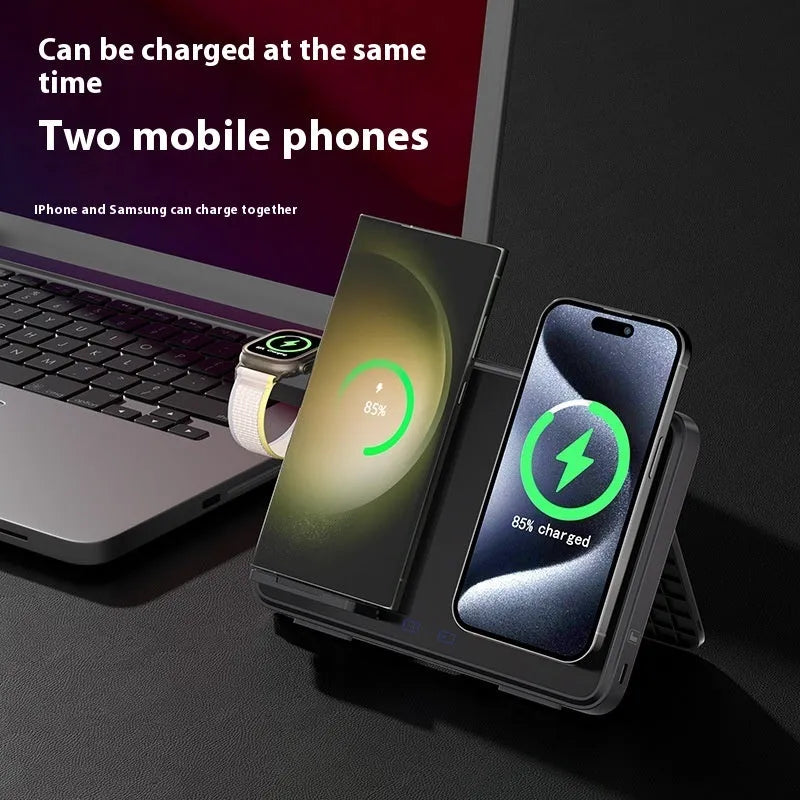 15W three-in-one wireless charger in Black or Ivory White, 184 x 21.5 x 130 mm, for Apple and Samsung devices