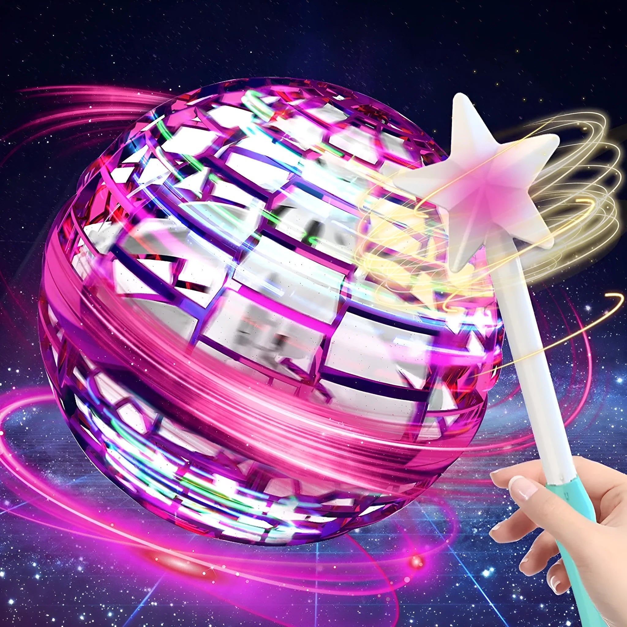Blue spinning flying ball toy with LED lights floating above child's hand with magic wand