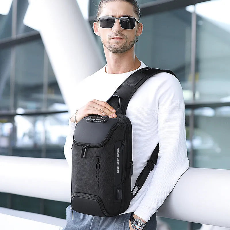 Men's Oxford cloth sling bag in black, 21x12x35cm, with three compartments and iPad pocket