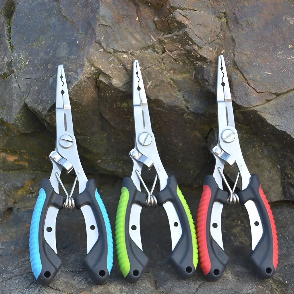 Medium straight mouth fishing pliers with hook, blue ABS handle and nylon carry strap on a grey background.