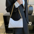 Brown PU leather pleated chain baguette shoulder bag showing adjustable strap and square shape