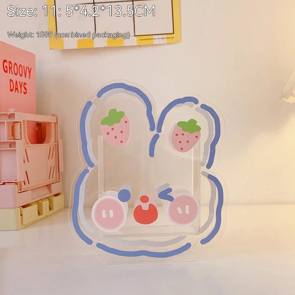 Square clear acrylic stationery storage box with cartoon design options including strawberry rabbit and poached egg