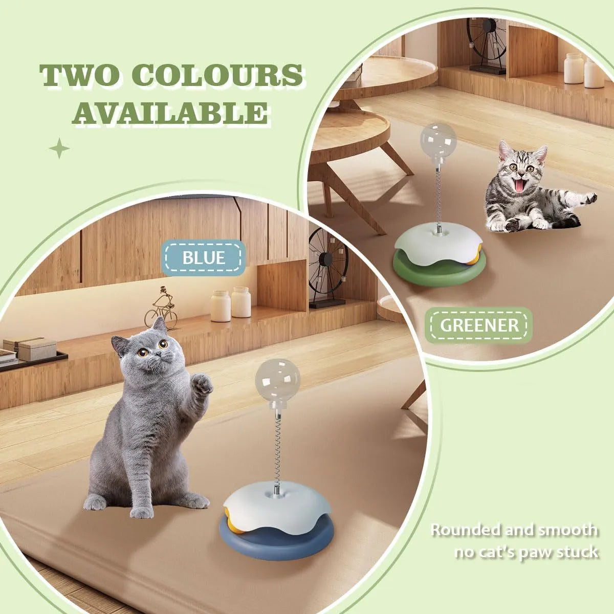 Blue and green cat treat dispenser toy with track ball for slow feeding entertainment