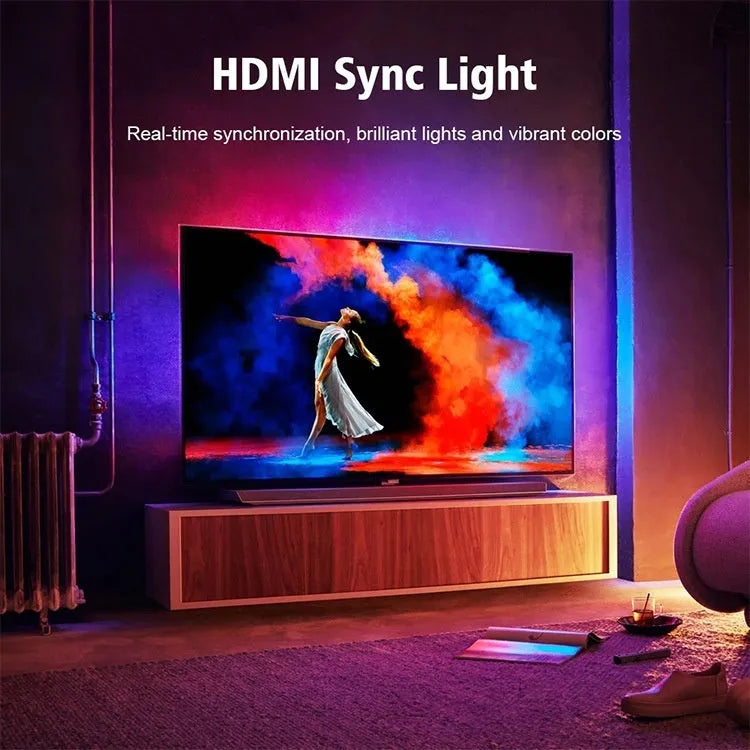 TV ambient backlight strip installed behind television with app control interface showing colour options