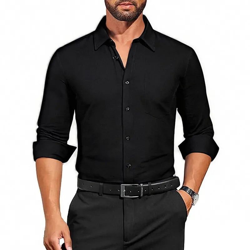 Men's breathable stretch wrinkle-resistant long sleeve polyester shirt in Pearl White laid flat showing front view
