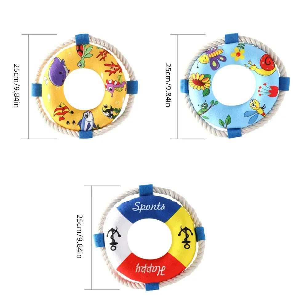 Yellow fish design floating dog pull ring squeaky toy measuring 25cm for chew and fetch games