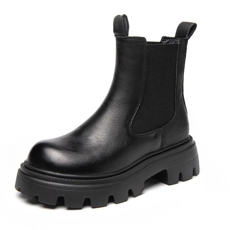Women's brown brushed cowhide Martin boots with high horseshoe heel, round toe, and thick rubber sole