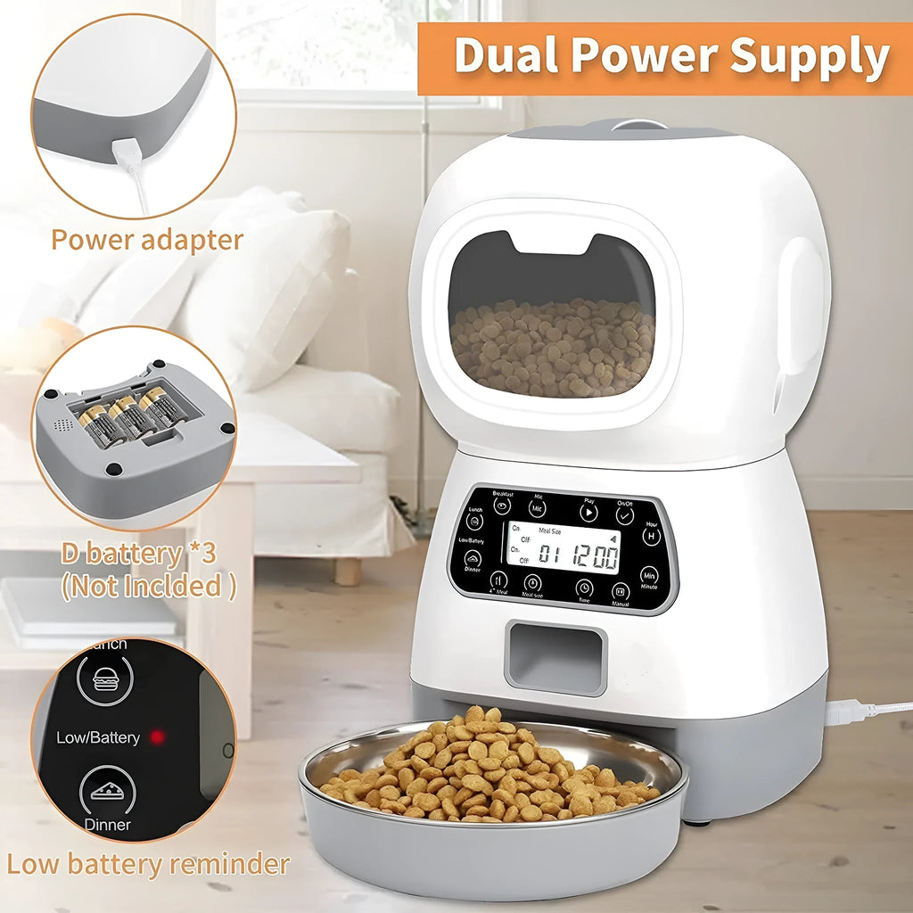 White ABS plastic pet automatic feeder with fixed point manual feeding on a countertop