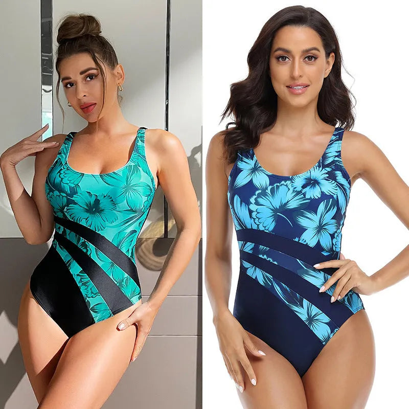 Women's blue one-piece swimsuit with conservative briefs style for swimming