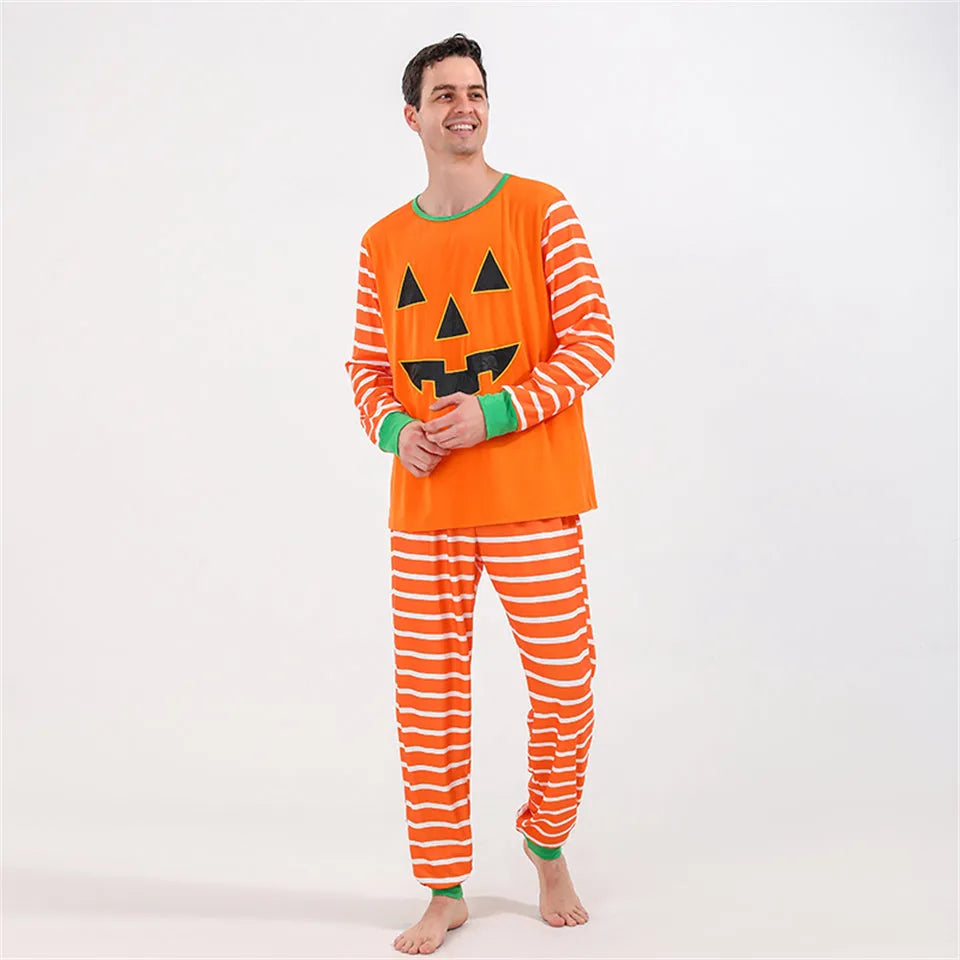 Orange cartoon print polyester family pajama set with top and trousers for Halloween