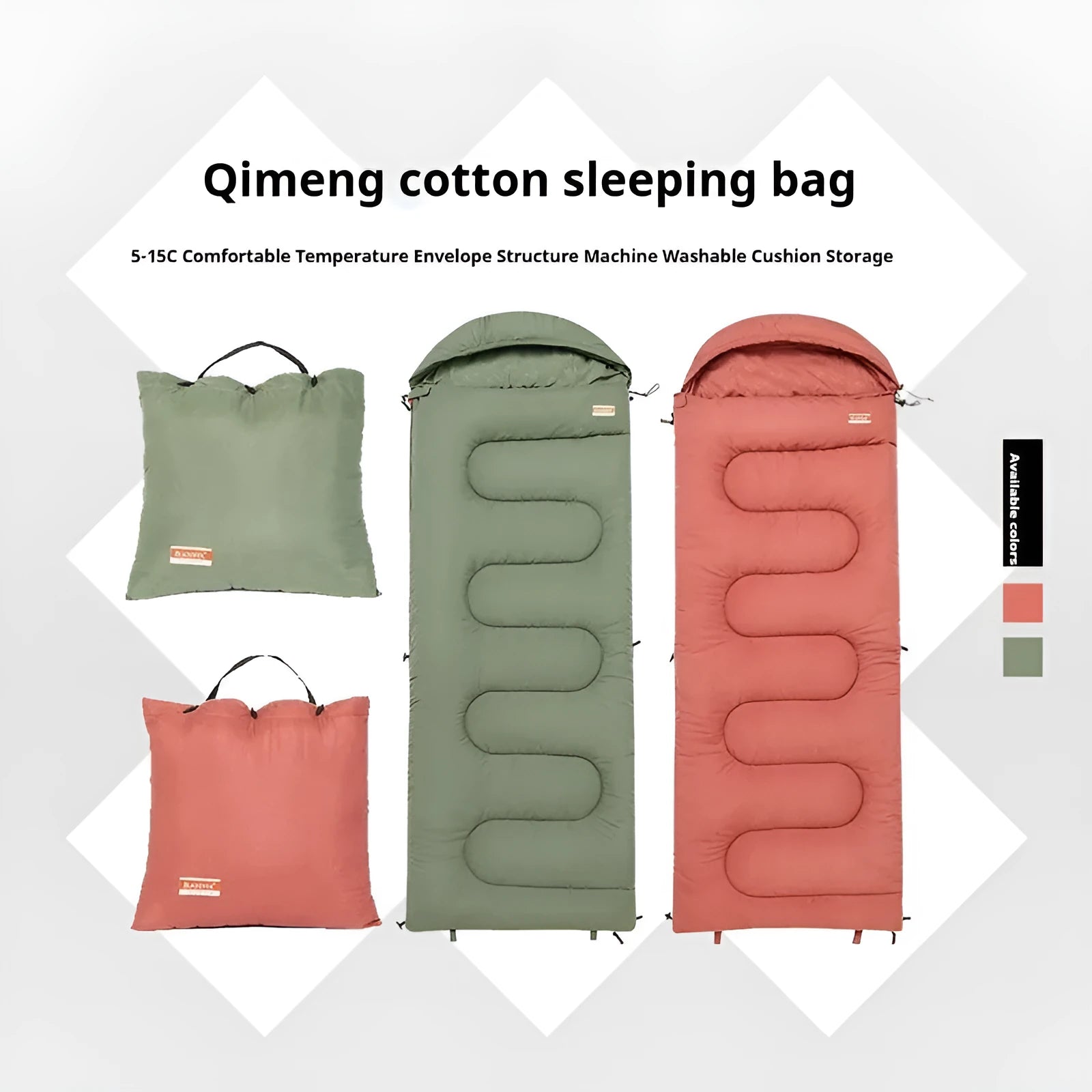 Ochre and olive green cotton sleeping bag quilt laid out flat, showing its quilted texture and portable size.