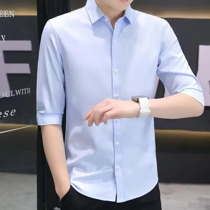 Men's slim-fit half-sleeve shirt in a linen-silk blend, shown in a solid colour with three-quarter length sleeves.