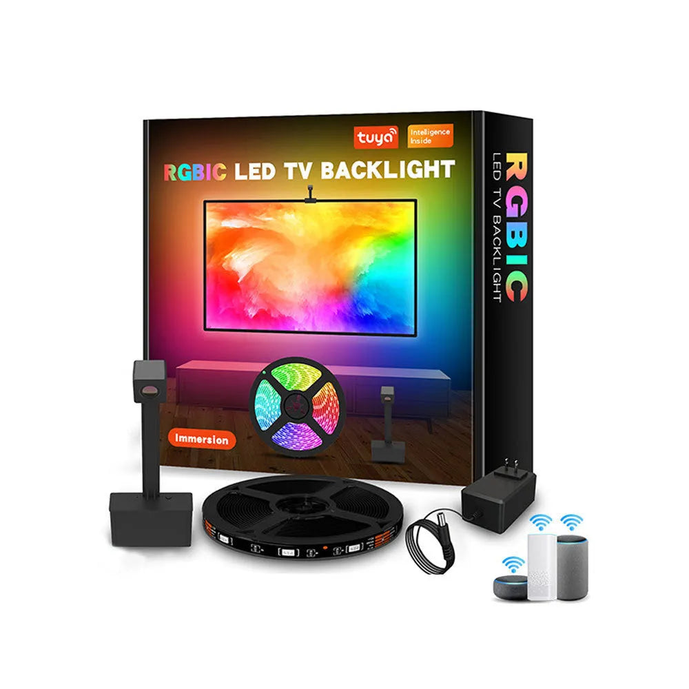 Black TV backlight strip with camera unit for screen colour synchronisation