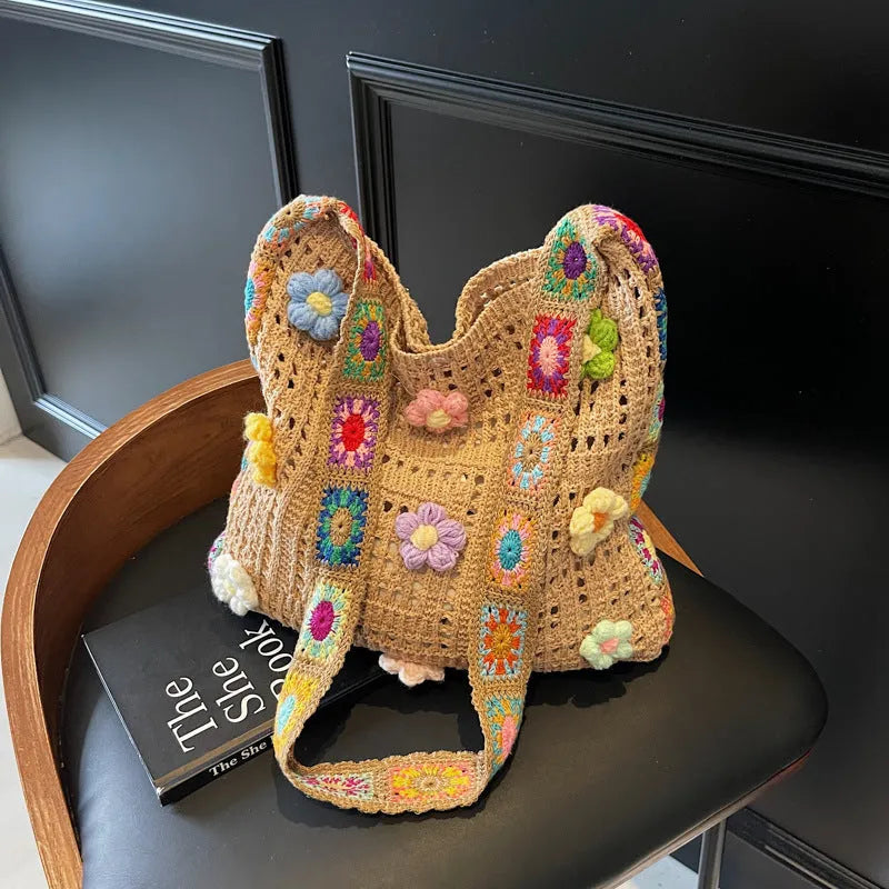 Woven polyester beach shoulder bag in milky white colour showing hollow knit pattern and single strap