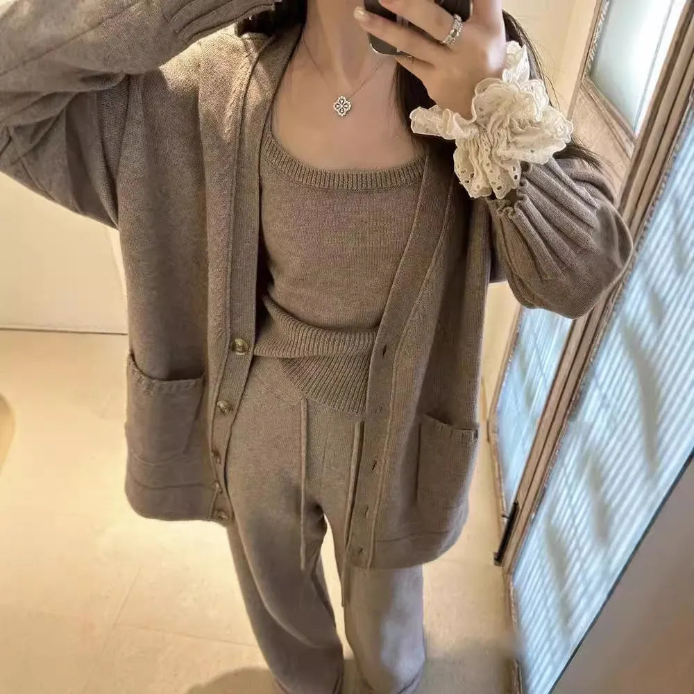 Women's knit cardigan suspender pants three-piece set in wool blend fabric