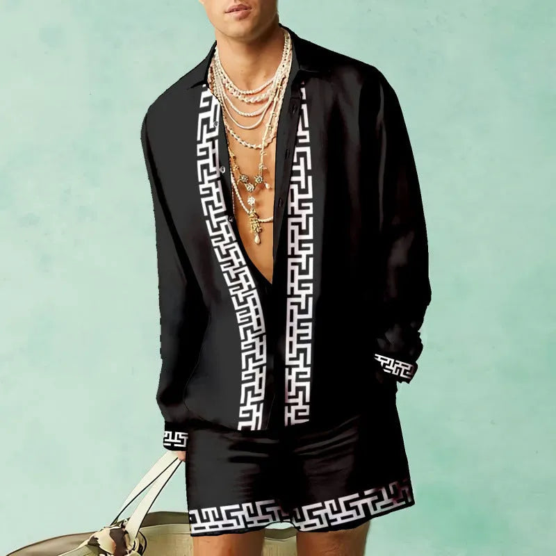 Men's slim fit casual summer set with long sleeve shirt and matching shorts in various colours