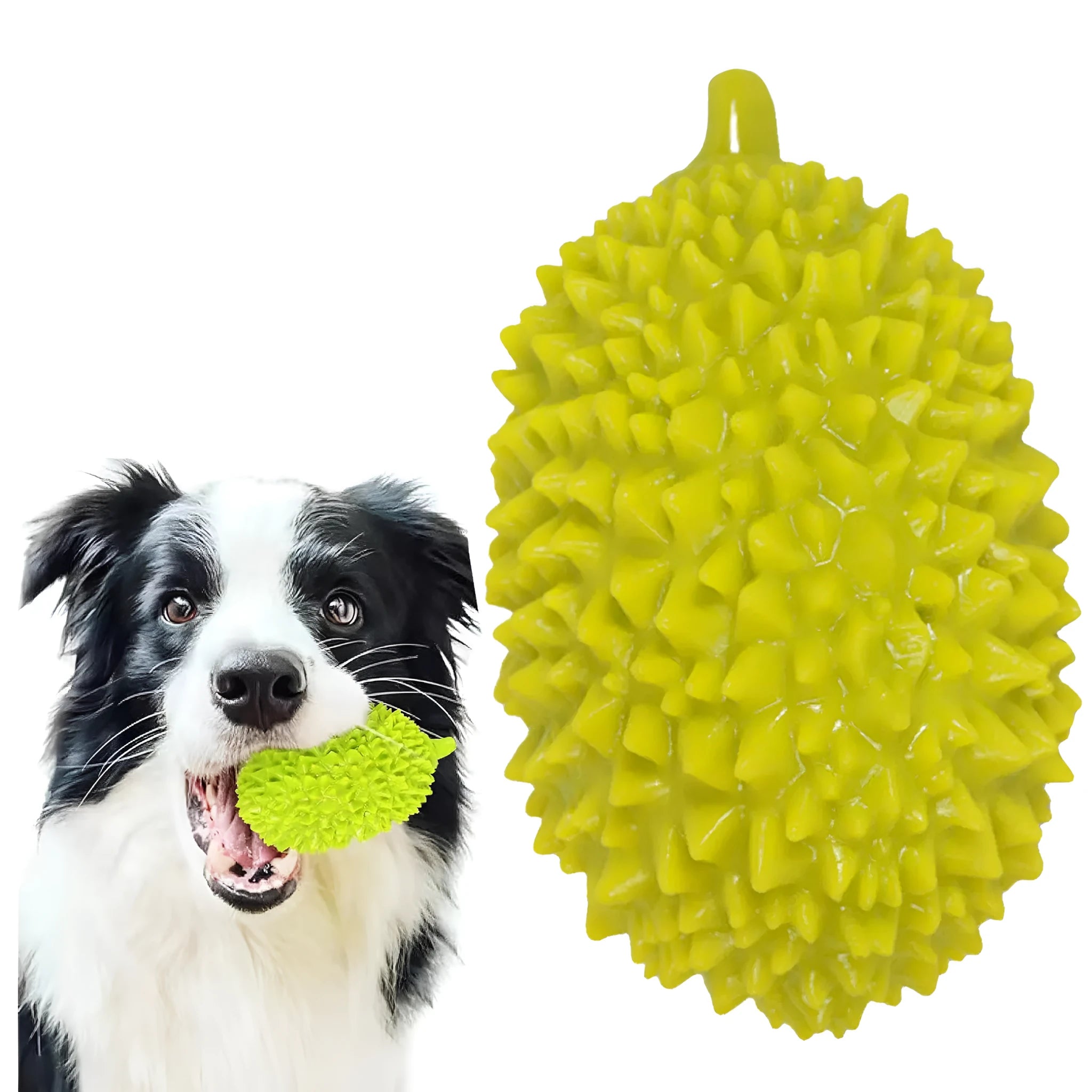 Durian-shaped dog chew toy in beige, green, and yellow colours with textured surface for teeth cleaning
