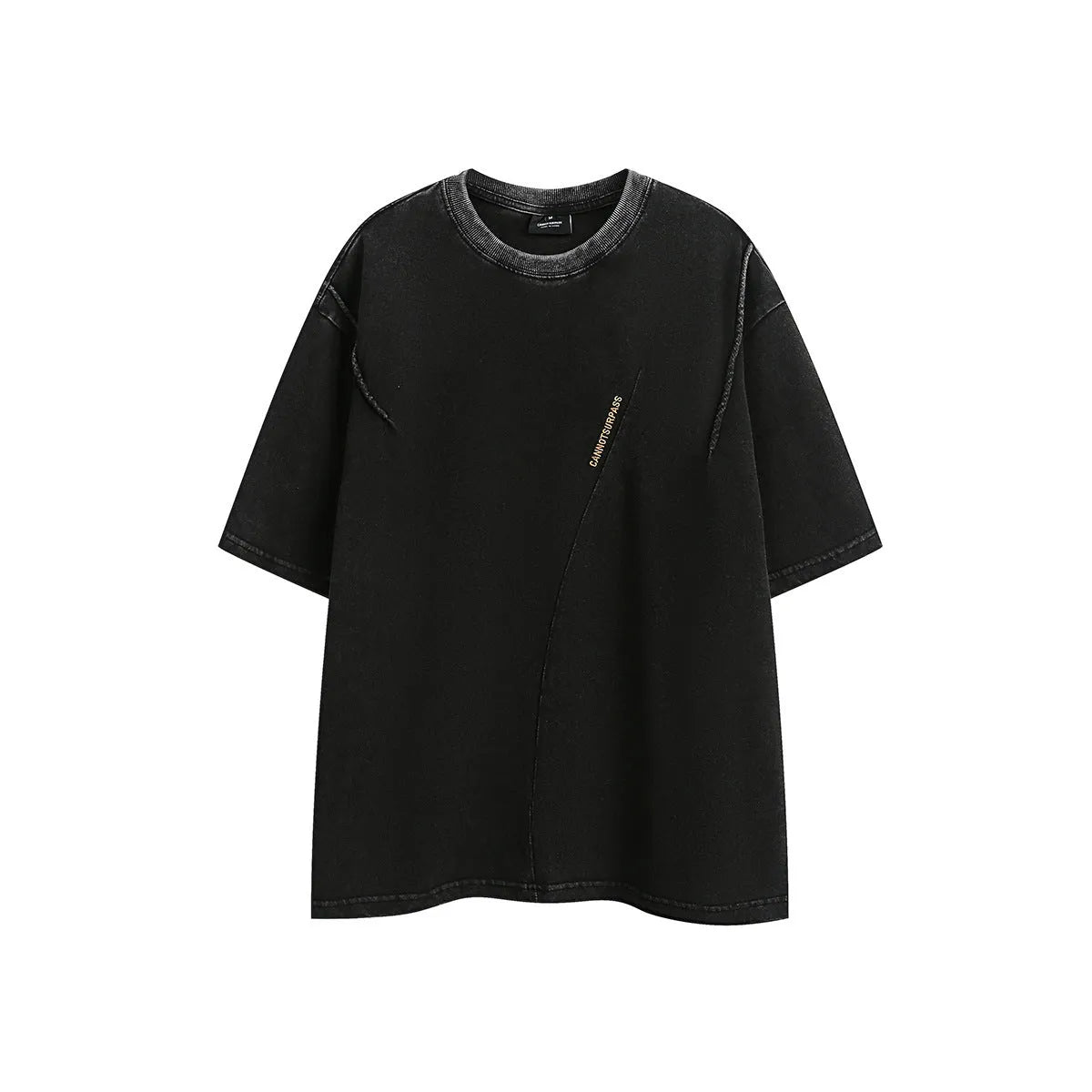 Man's purple loose-fit cotton t-shirt with a retro embroidered design on the chest.