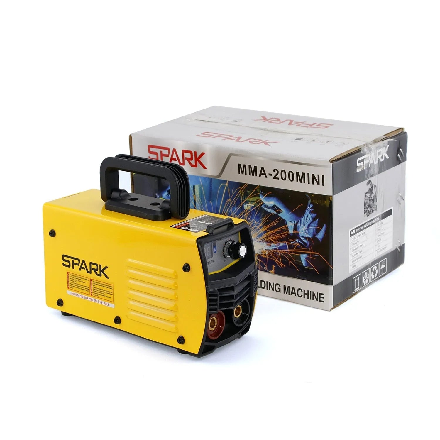 MMA-200MIN 220V portable DC inverter welding machine with face shield and accessories on a workbench.