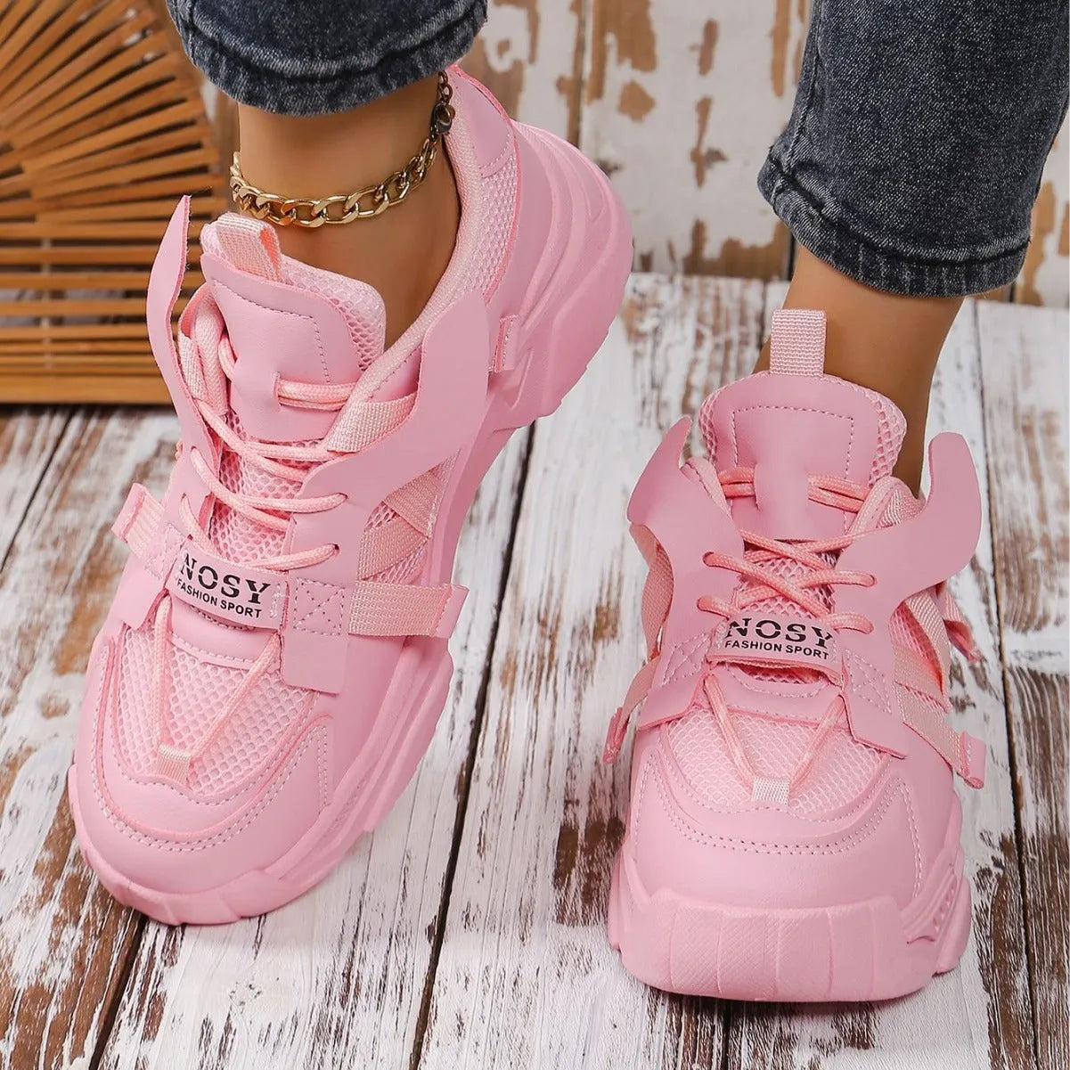 Women's purple platform mesh sports shoes with animal pattern and front lace-up design