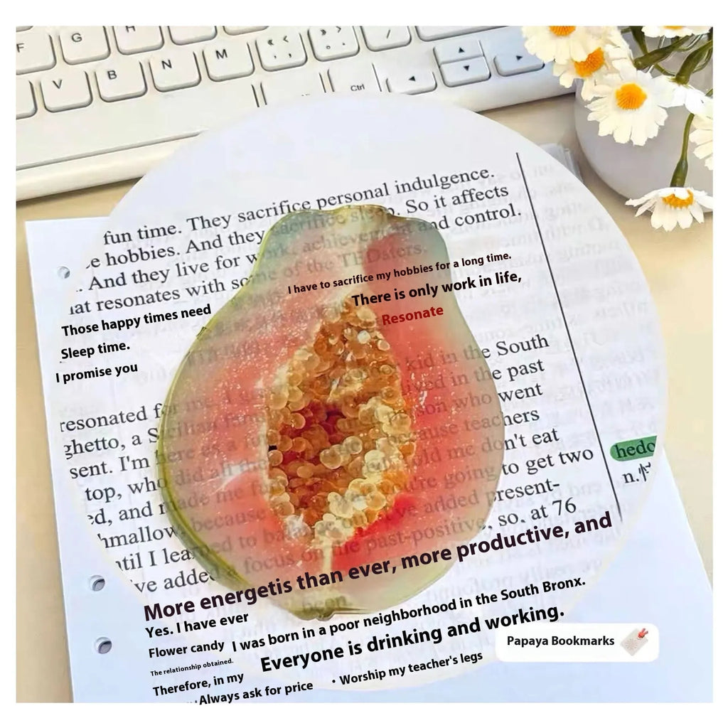 Cute transparent plastic fruit bookmark in watermelon red colour, approximately 8-10cm long, with a cartoon fruit shape.