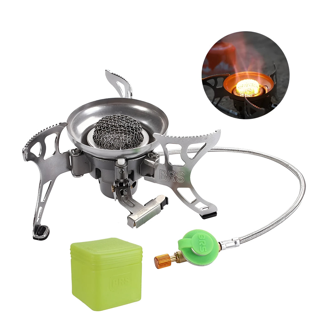 BRS-15 silver windproof camping gas stove, stainless steel and copper alloy, 186x86mm expanded, 313g