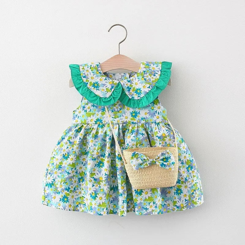Baby girl summer cotton dress with flower print and lace, in green, pink, yellow; includes messenger bag