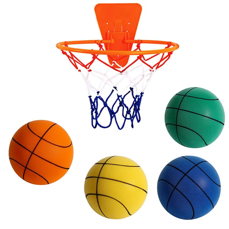 Silent indoor basketball set with high-density foam ball in assorted colours and multiple size options