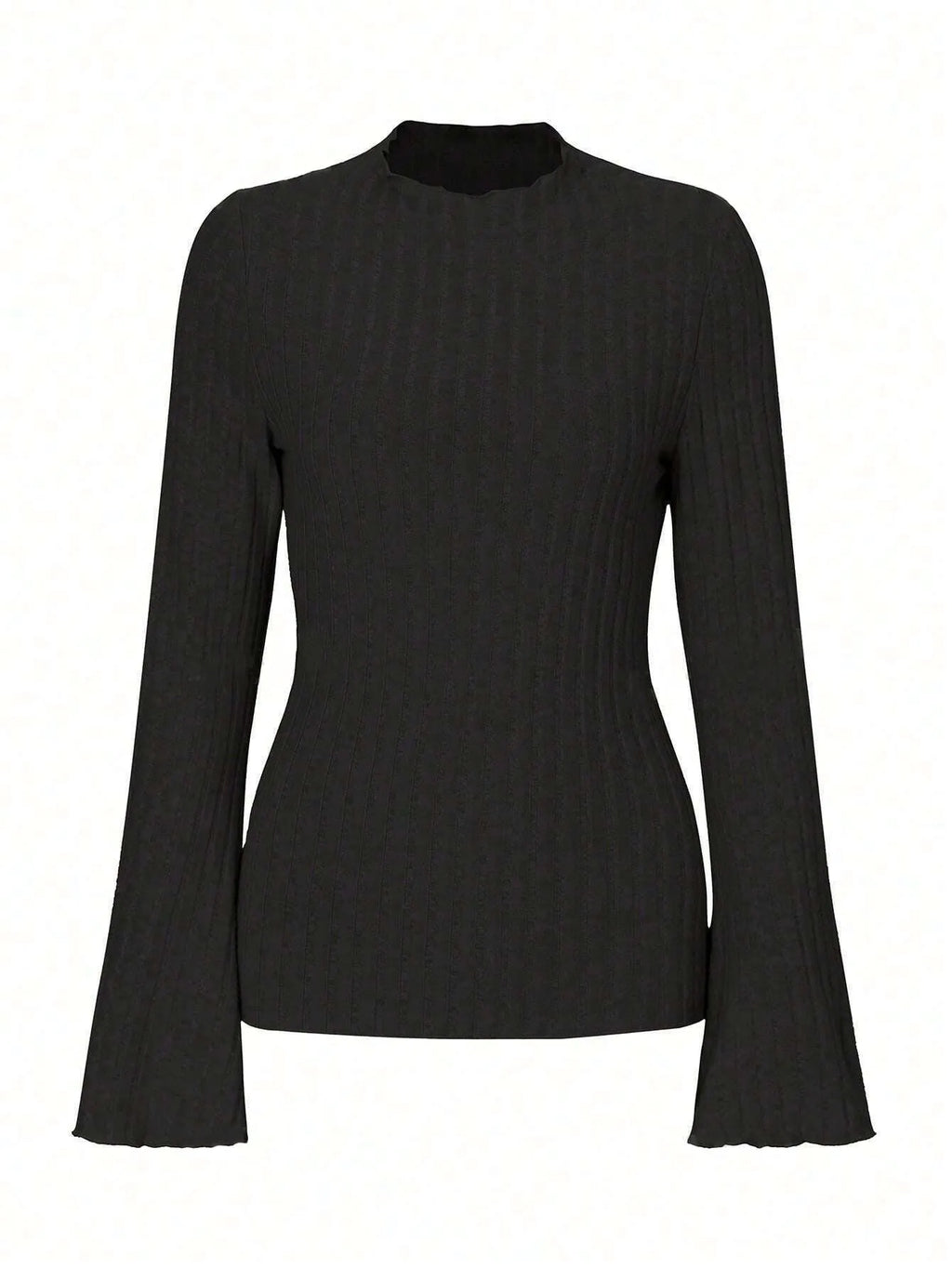 A black long sleeve slim fit top with round neck and lantern sleeves on a model.