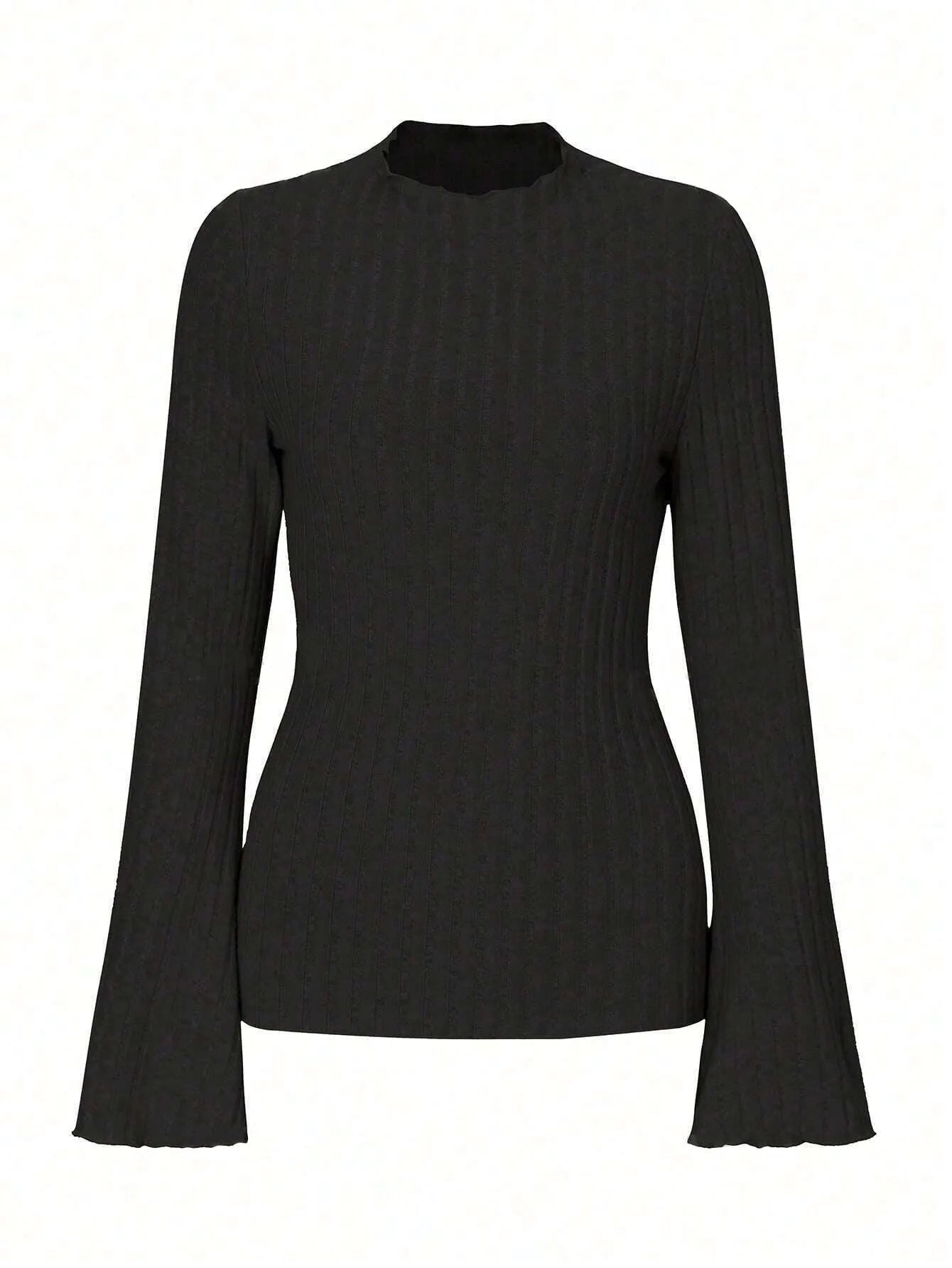 A black long sleeve slim fit top with round neck and lantern sleeves on a model.
