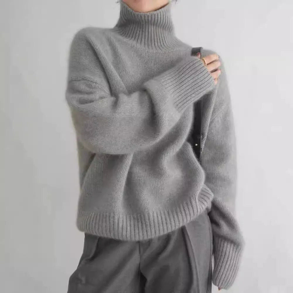 Women's high-neck loose knit pullover sweater in solid colour with long sleeves and one-size fit