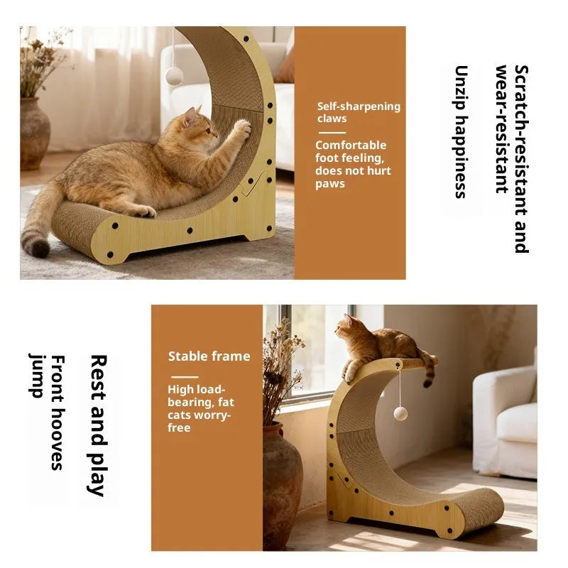 Corrugated paper cat scratching board with arc-shaped scraper bed, nest and climbing frame, plus replacement core.