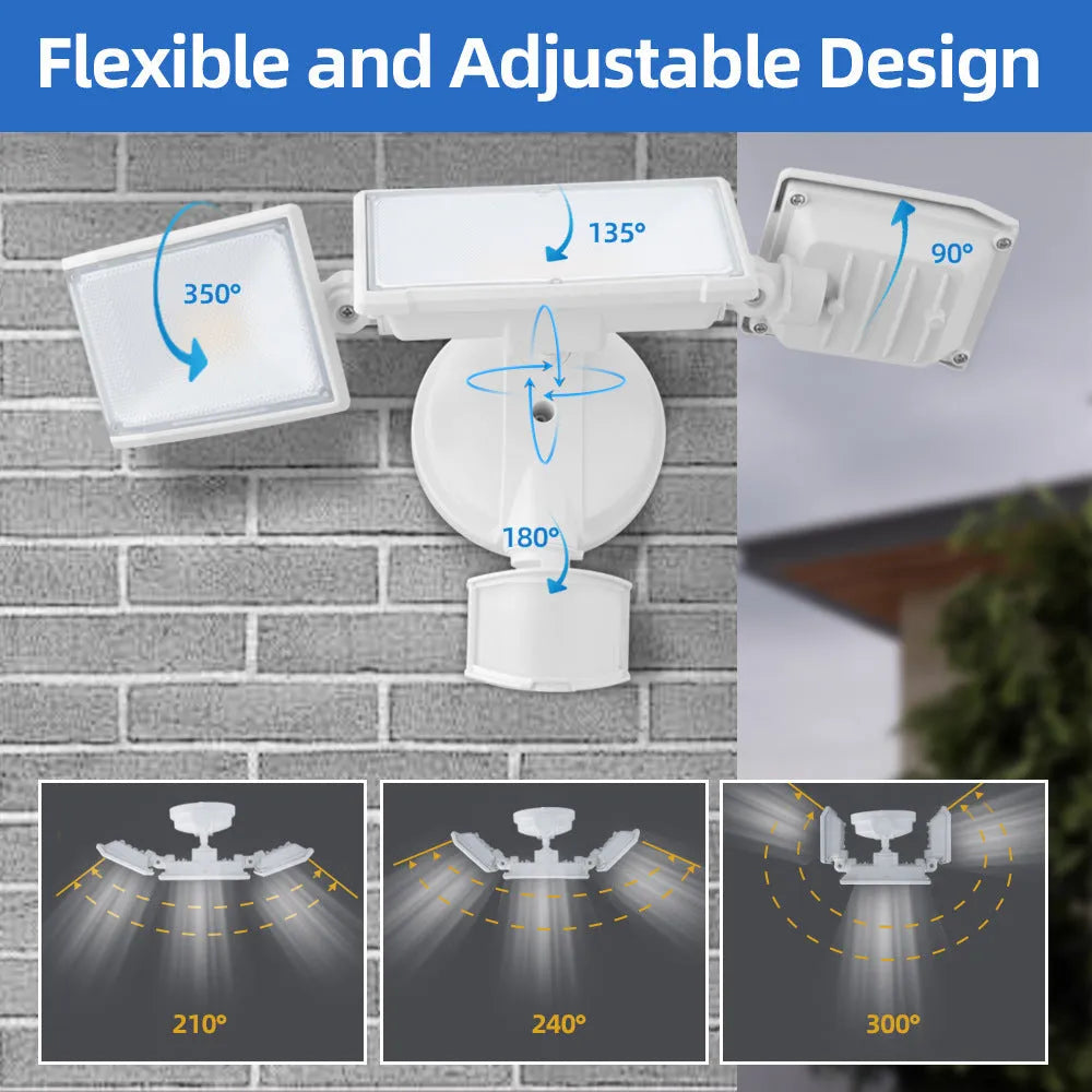 White or black 120V LED security flood light with motion sensor for outdoor wall or ceiling mounting.