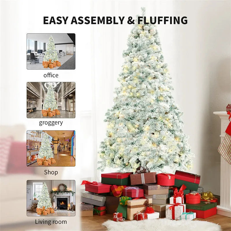 PVC artificial snow Christmas tree with green and white decoration on metal stand