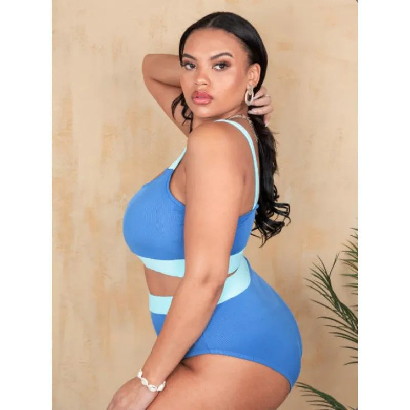 Women's high-waist split-leg bikini in polyester fabric available in extended sizes