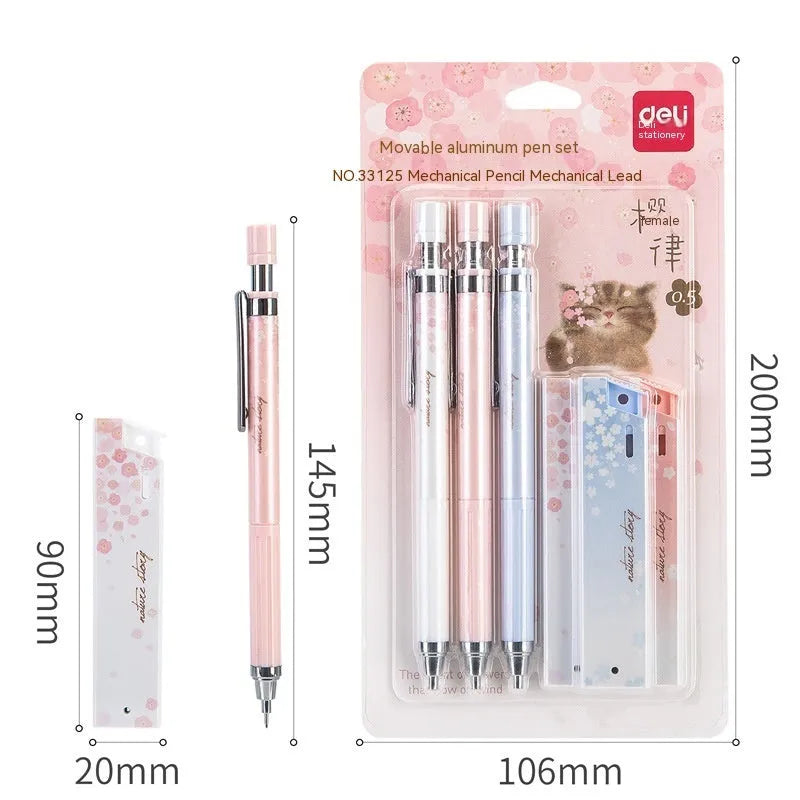Mixed colour cartoon design automatic pencil set with three pens and boxes of HB refills.