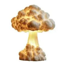 Modern art table lamp shaped like an atomic bomb mushroom cloud on a stand with USB cable.