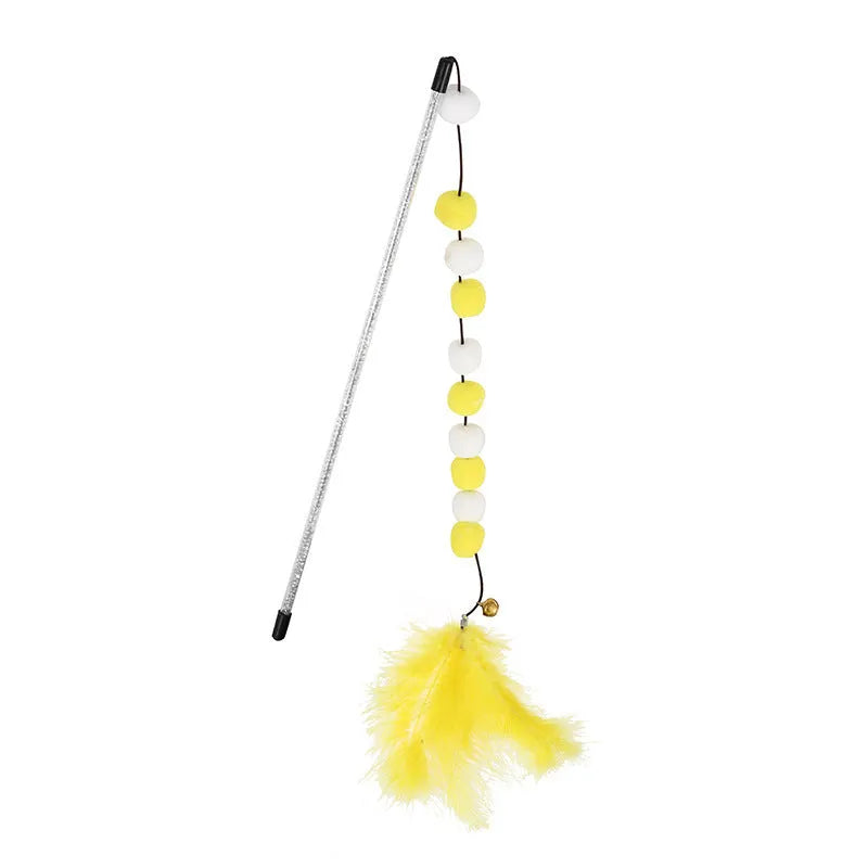 31cm cat teaser rod with bell and coloured pompon feather toys for interactive play