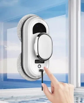 W11 White automatic high-altitude window cleaning machine with remote control and accessories.